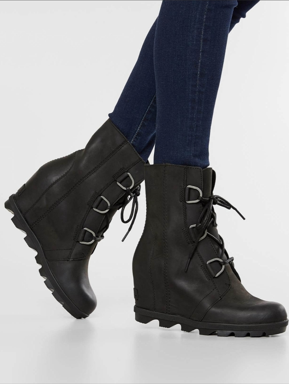 Sorel Black Lace-Up Wedge Ankle Boots with D-Ring Hardware